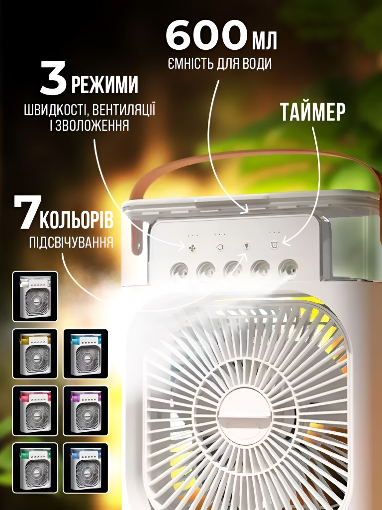 7 кольорів підсвічування, 3 режими швидкості та зволоження, ємність 600 мл, таймер